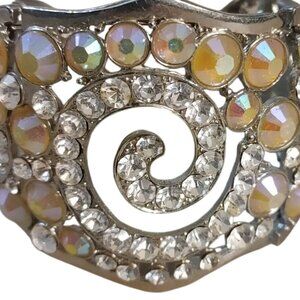 Iridescent Rhinestones Cuff Bracelet Vintage Silver Tone Statement Swirl Design